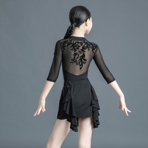 Girls kids black lace flowers latin dance dresses modern dance latin ballroom performance costumes for children girl